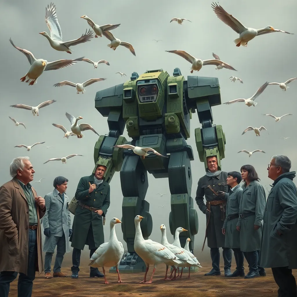 a group of scientists and historians examining a giant mech suit with geese flying around, looking puzzled and amazed