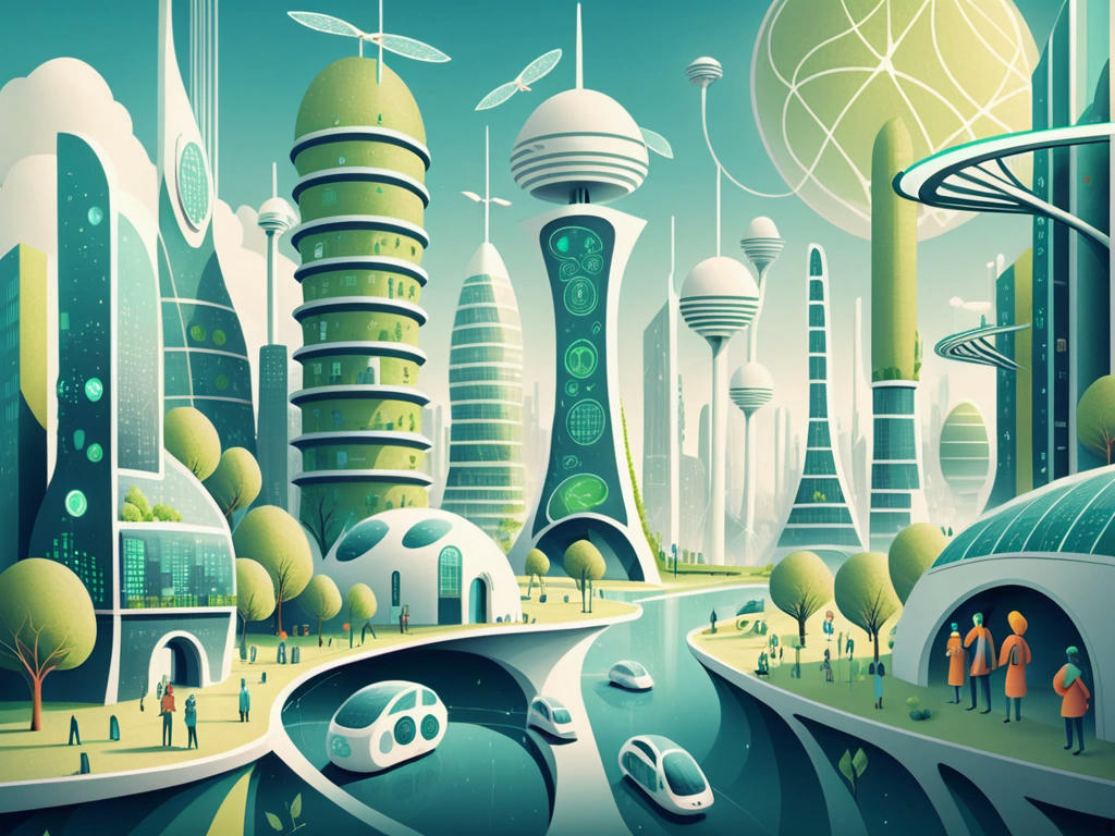 a whimsical illustration of a futuristic city powered by renewable energy sources, with humans living in harmony with technology