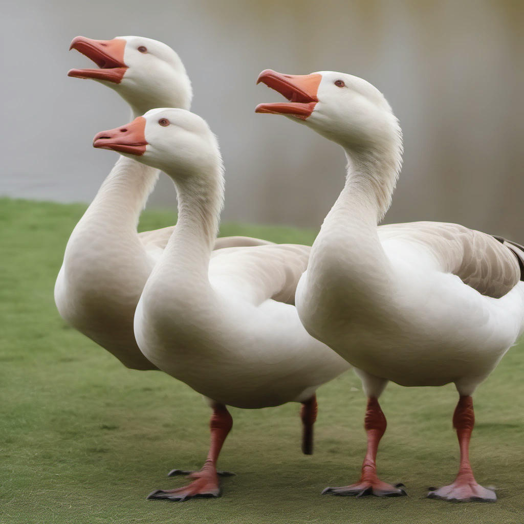 A herd of geese, honking loudly in unison.