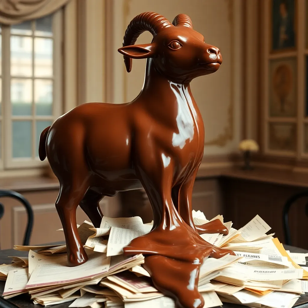 A lopsided chocolate fountain sculpted into a goat shape, dripping onto a pile of unpaid utility bills, 18th-century Brussels apartment background