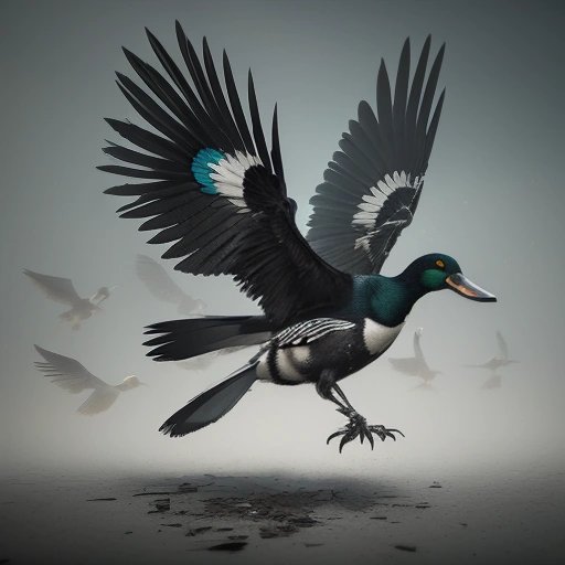 Wounded magpie retreating from mallards