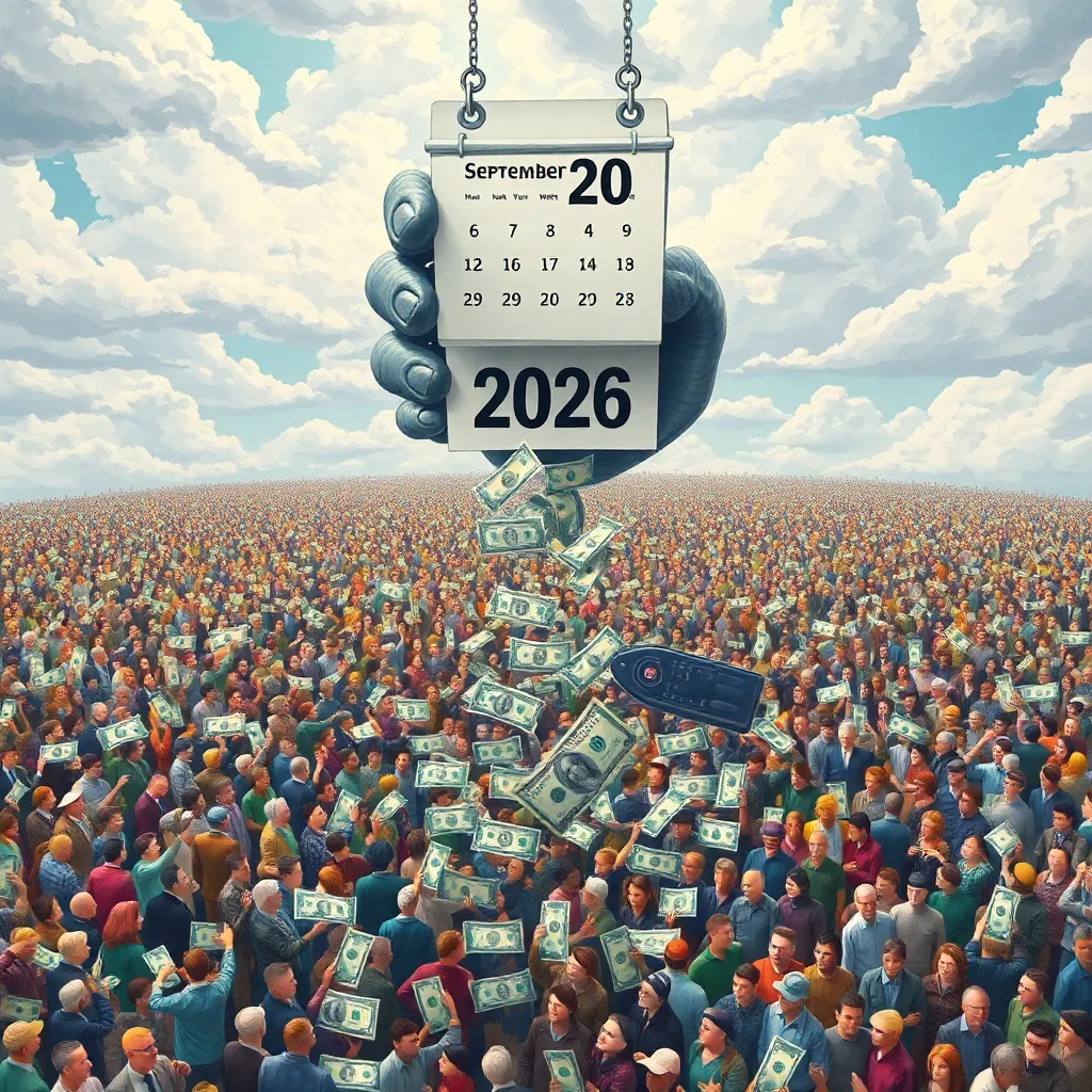 crowded world scene with billions of tiny diverse people each receiving one dollar bill from a colossal mechanical hand descending from the clouds, while a calendar page marked September 20 2026 vanishes in a vortex above them, whimsical epic news illustration, highly detailed