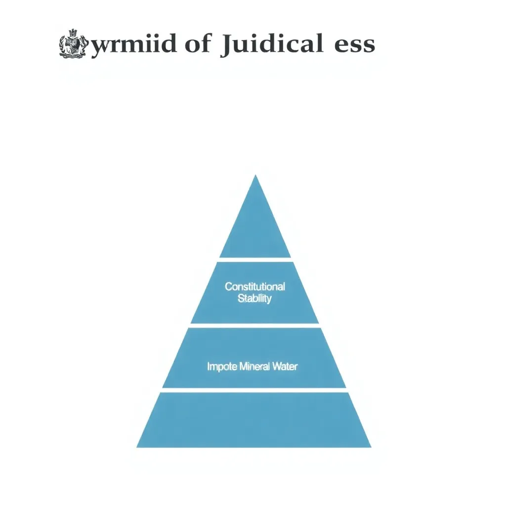 A technical diagram from a government report showing the 'Pyramid of Judicial Needs', with 'Constitutional Stability' at the base and 'Imported Mineral Water' at the apex, muted blue and grey tones, official bureaucratic aesthetic.