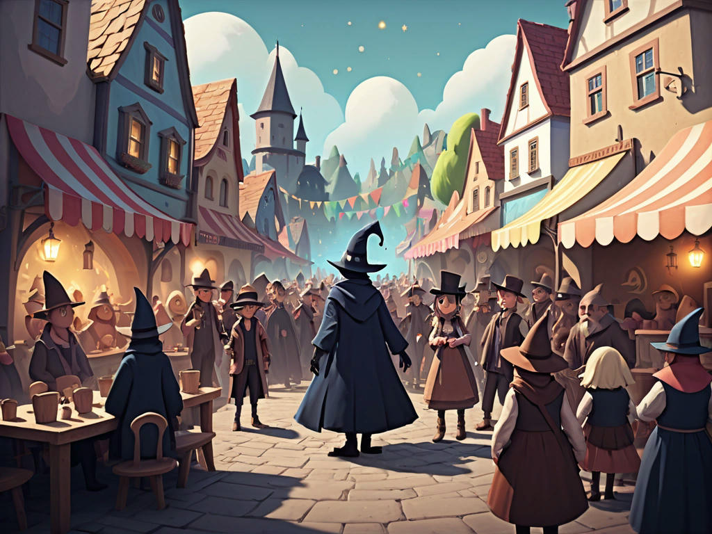 a small town festival with the mysterious stranger, Luna, in the center, surrounded by happy townsfolk