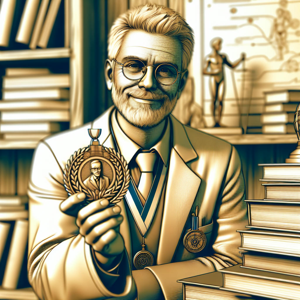 Gene Ray holding the Nobel Prize medal, surrounded by books and papers, with a warm smile, natural lighting, high-quality, detailed, realistic, 4k, concept art trending on artstation by James Jean and Loish