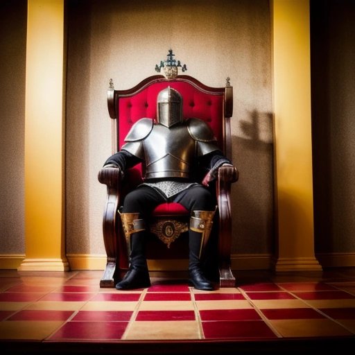 Chess player dressed in medieval armor sitting on throne