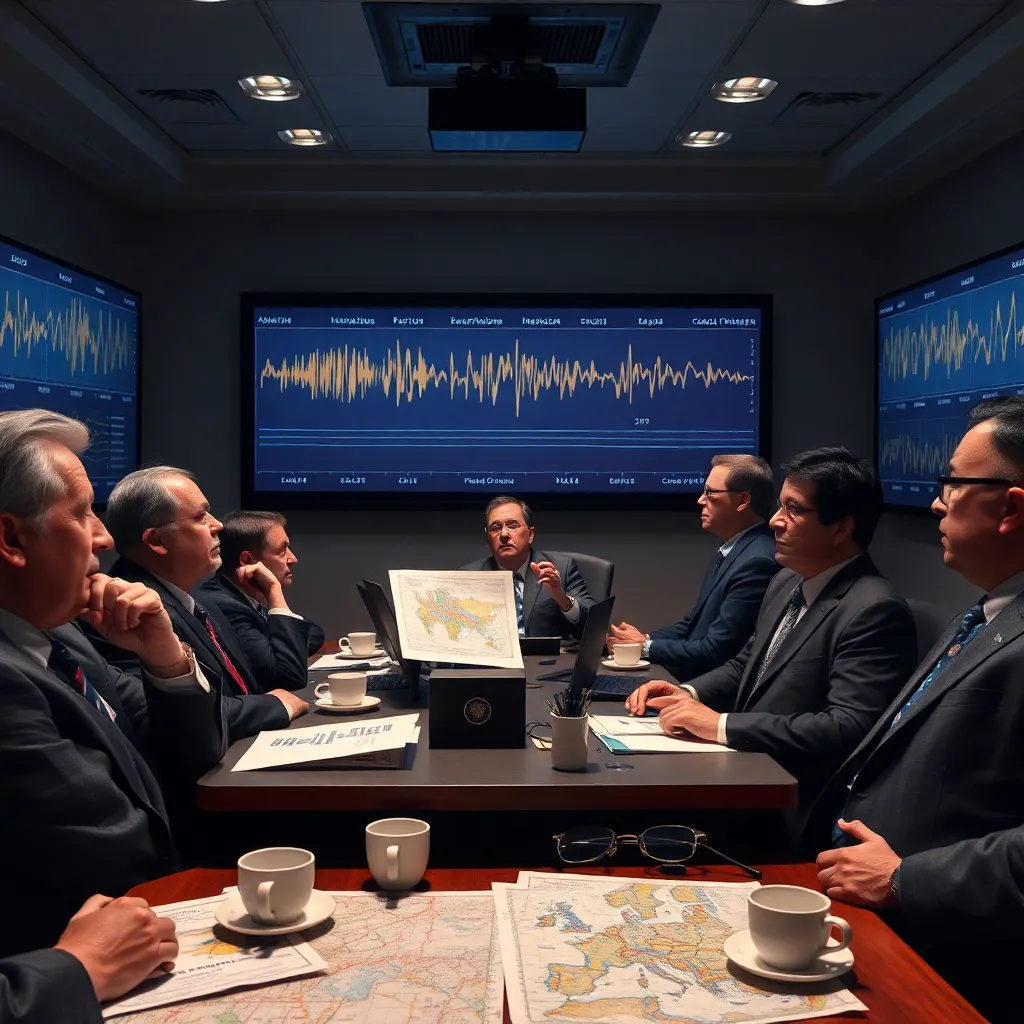 bewildered international analysts in a modern situation room staring at audio waveforms of an impossibly high operatic note, maps and coffee cups everywhere, one diplomat holding opera glasses, tense and absurd newsroom lighting
