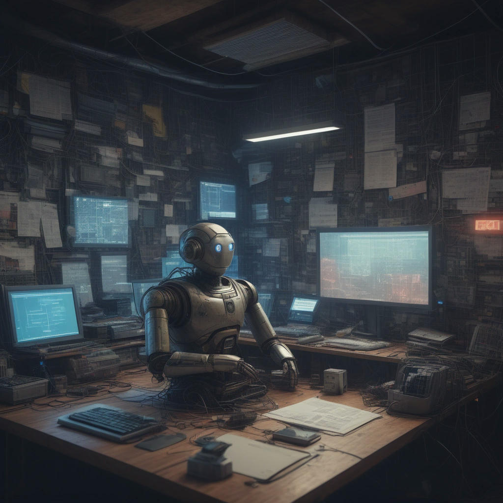 a giant AI chatbot robot sitting at a desk, surrounded by screens and wires, with a thought bubble filled with plagiarized articles, hyper-realistic, cinematic lighting, 4k, concept art by Ian McQue