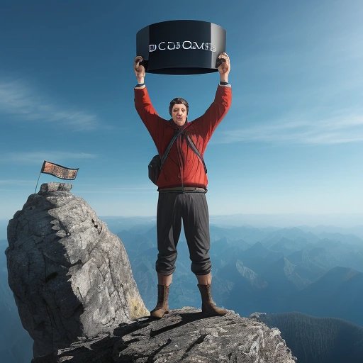 Triumphant C# programmer atop a mountain peak