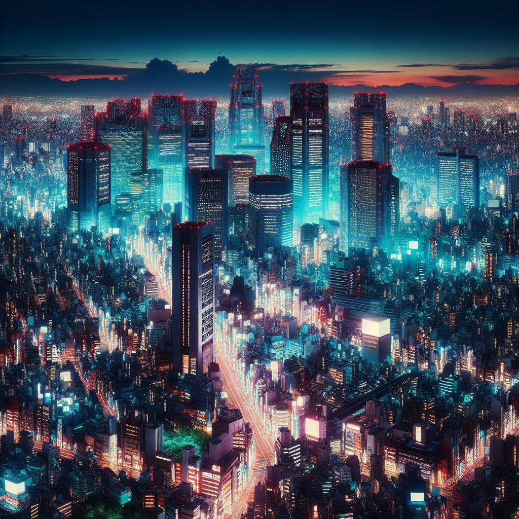 Tokyo skyline at night, neon lights, bustling streets, futuristic, high detail, photorealistic, cinematic