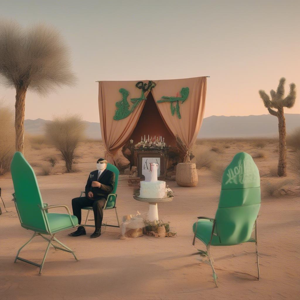 a whimsical desert event setup with a 'Hostages & Hamas' neon sign, folding chairs facing a makeshift altar topped with a dove-shaped olive branch, armed guards posing with party hats