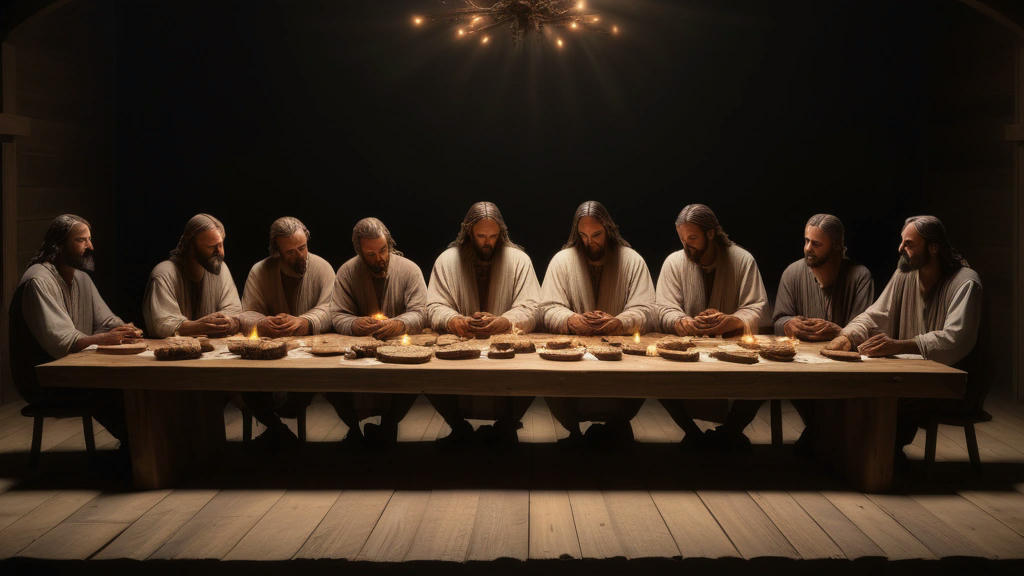 A long wooden table with thirteen men seated, Jesus at the center breaking bread, apostles listening intently, a mix of emotions on their faces, candlelight casting dramatic shadows, hyper-realistic, intricate details, historical accuracy, emotional intensity