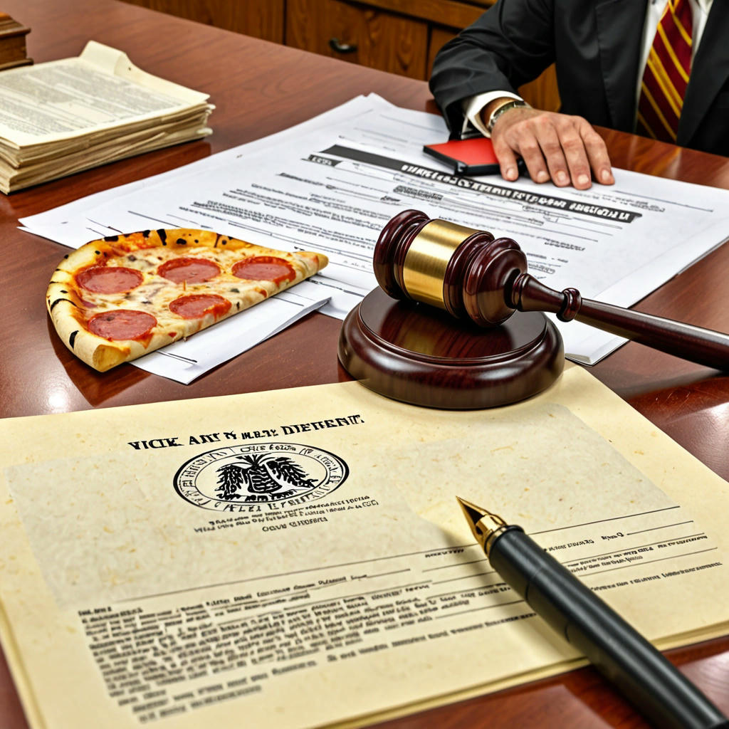 A judge's gavel with a pizza slice on top