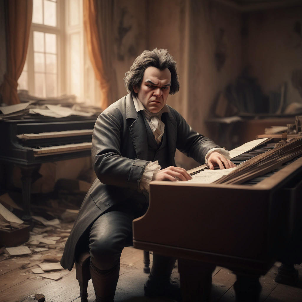 Ludwig van Beethoven sitting at a piano, with a frustrated expression on his face, in the background a messy room, warm colors, high detail, cinematic, trending on artstation