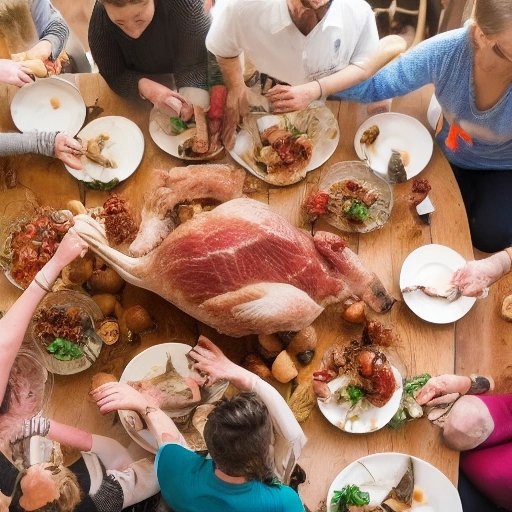 Family and friends gathered around the table with a cooked goose