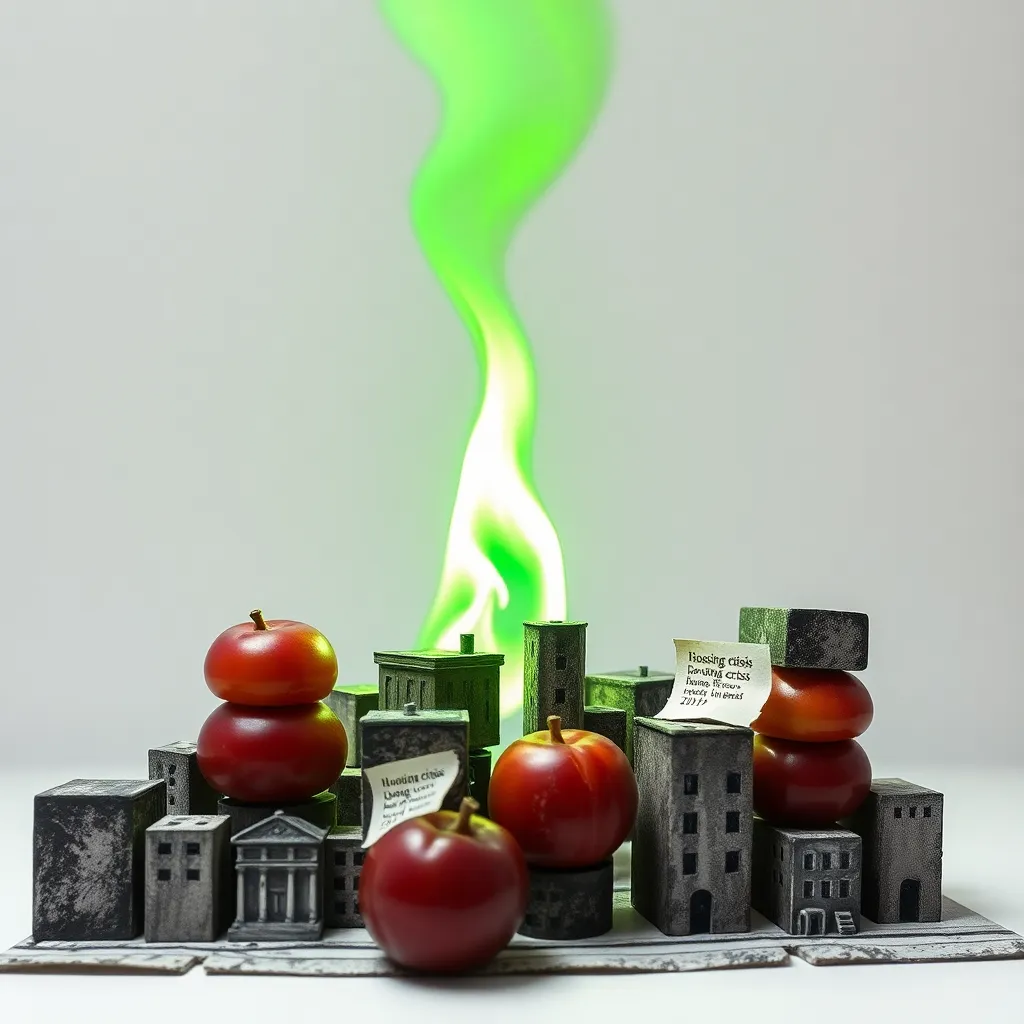 A glowing green flare made of fire glass hovering over a miniature cityscape built from stacked plums and graphite, with tiny 'housing crisis' eviction notices taped to plum buildings