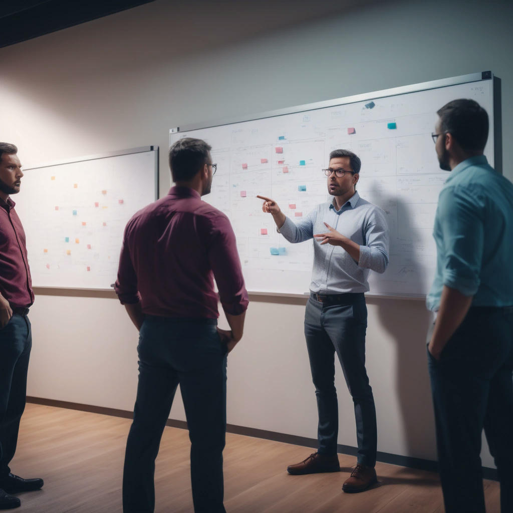 a Scrum Master standing in front of a whiteboard, pointing to a complex diagram, looking condescending, while team members in the background exchange skeptical glances, office setting, harsh lighting, 4k resolution, vibrant colors, dramatic composition