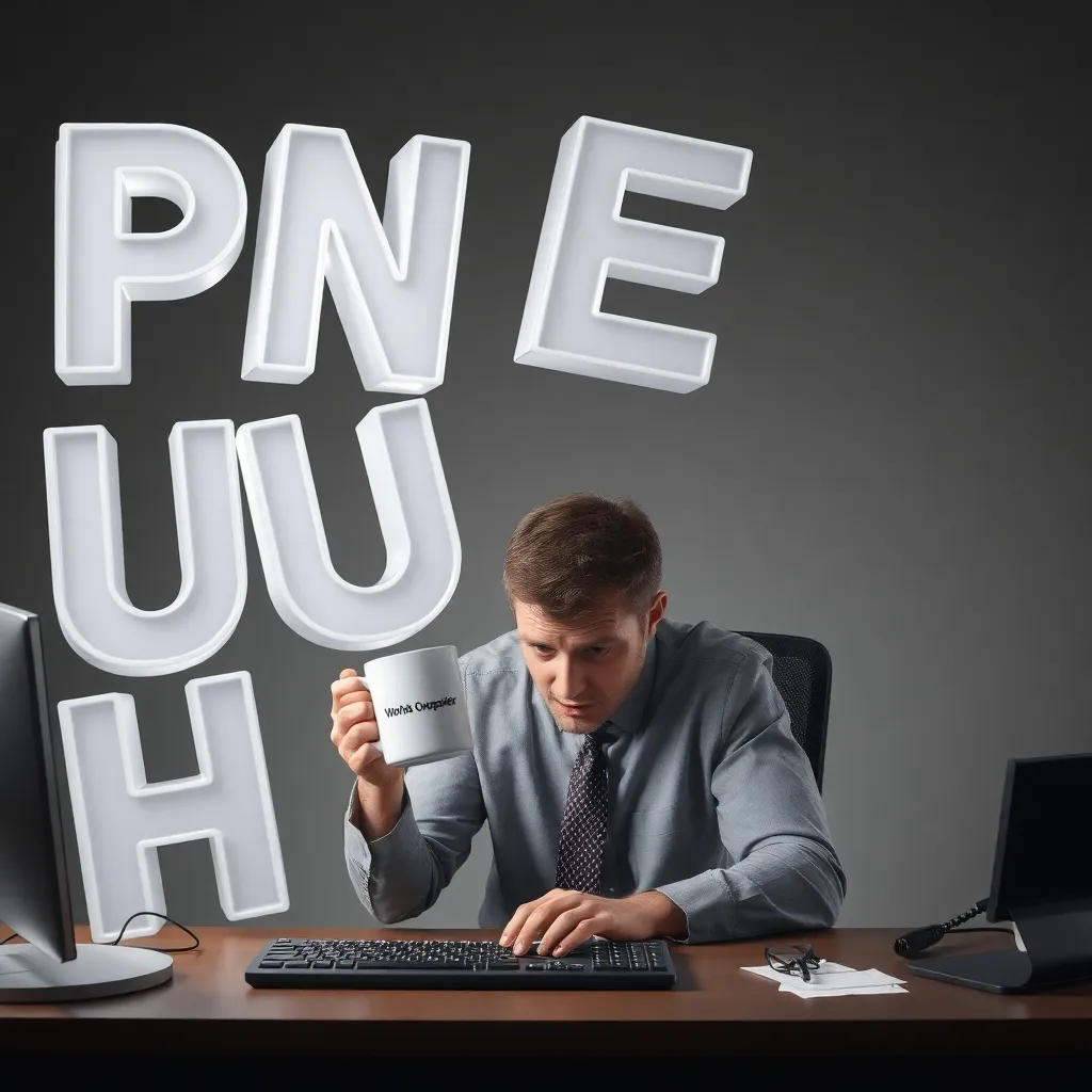 giant translucent letters 'P-N-E-U-M-O...' collapsing like dominoes onto terrified office worker clutching 'World's Okayest Speller' mug, keyboard melting under linguistic weight