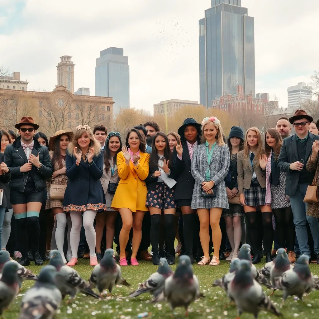 Crowd of diverse, stylishly dressed individuals with thigh-highs and pastel accessories gathered in a city park, causing miniature rainbows to shoot from their fingertips and glitter to float in the air, confused pigeons wearing tiny bowties
