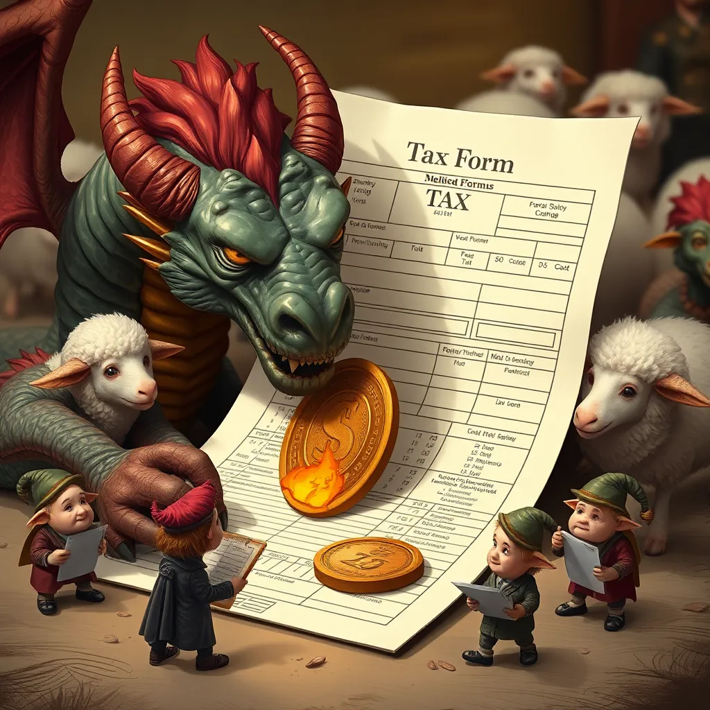 dragon filling out giant tax form with claw, using melted coin as paperweight, surrounded by tiny goblin accountants holding clipboards, background shows confused sheep wearing tiny accountant hats