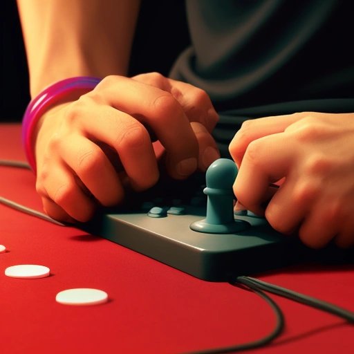 Hands gripping a joystick while playing Qbert