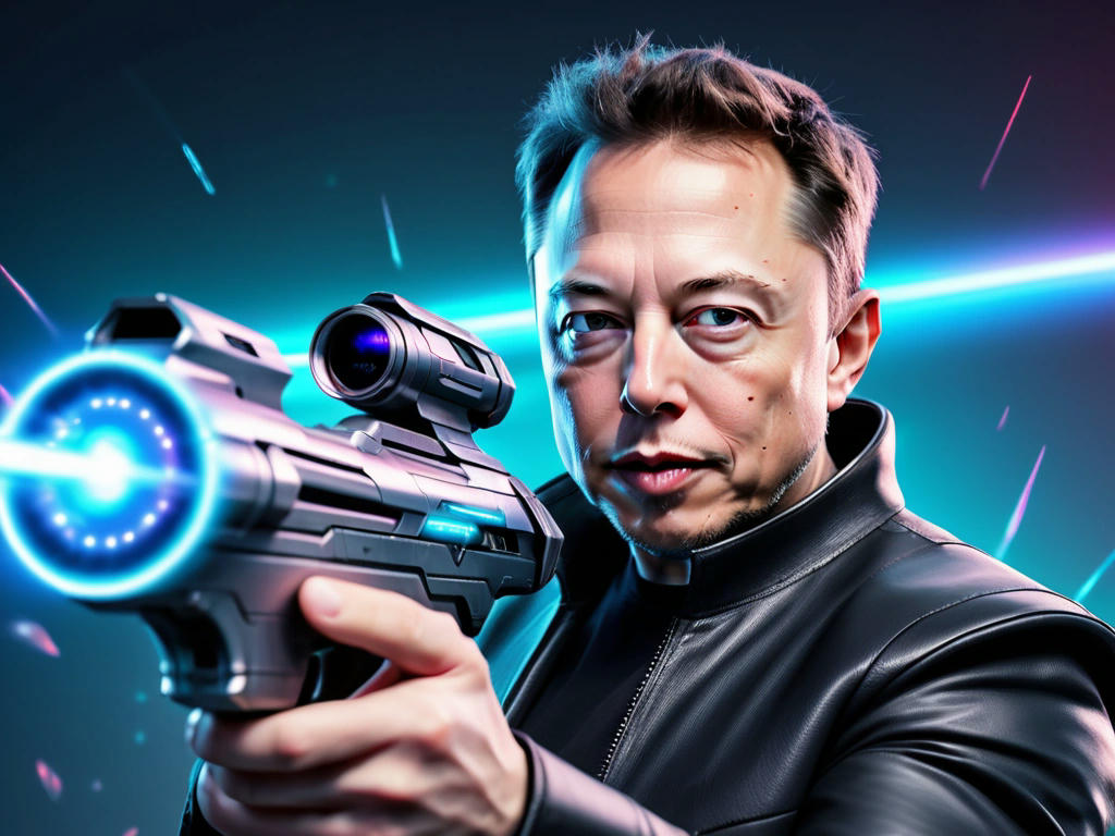 Elon Musk with holographic HUD eyes, aiming a futuristic weapon with a relaxed stance