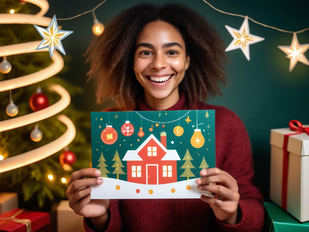 a person holding the energy-harvesting holiday card, with a look of delight on their face, surrounded by festive decorations and twinkling lights