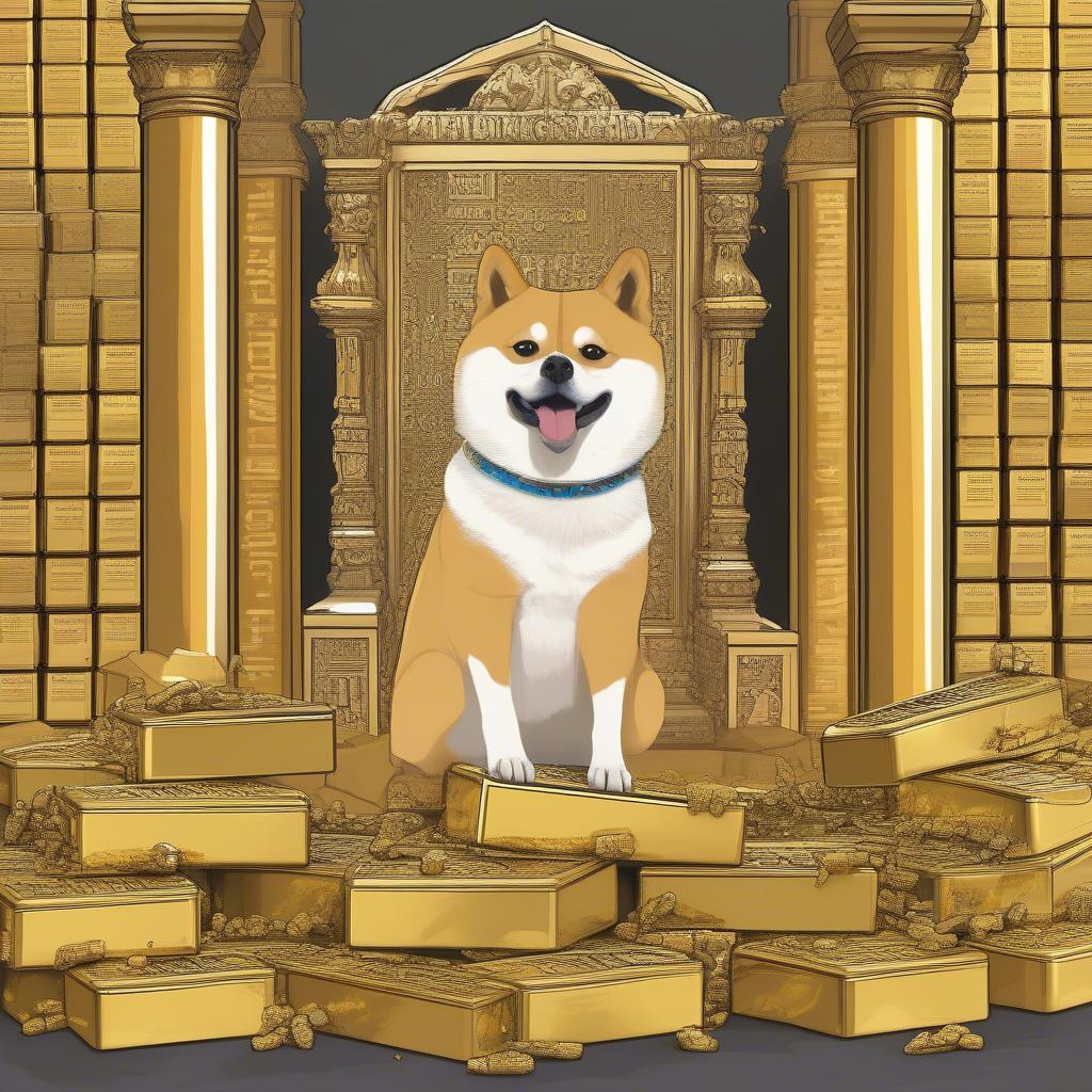 A Doge meme sitting on a throne of gold bars, holding a sign that says 'MUCH CODE. VERY COMPLEX. WOW.' with tiny programmers bowing before it