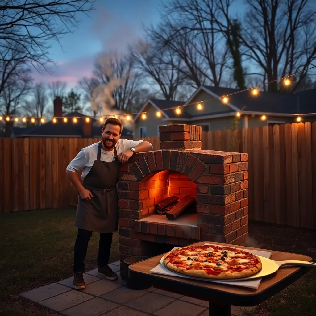 suburban backyard at dusk with a proud dad in apron standing beside an overcomplicated homemade brick pizza oven, neighbors peering over fences, smoke, string lights, one suspicious lasagna on a peel, documentary-style realism with absurd detail
