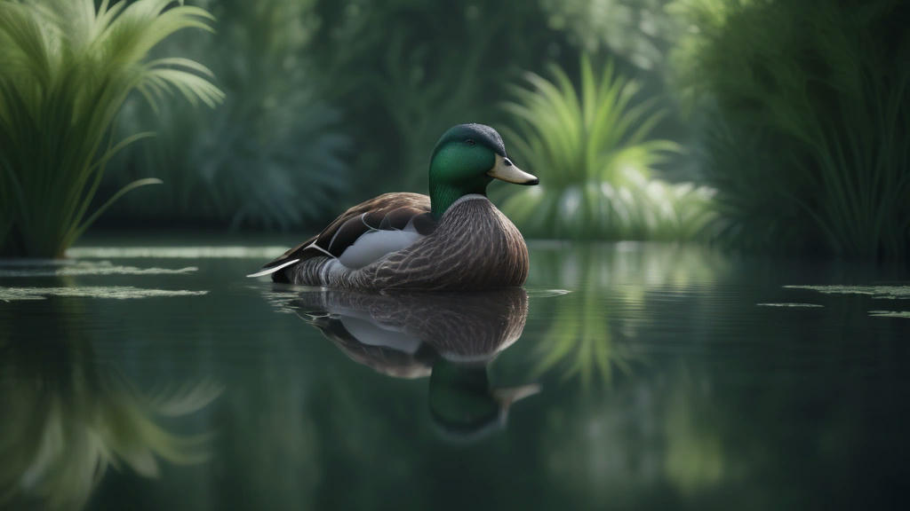 A duck swimming in a tranquil pond, surrounded by lush greenery, detailed feathers and reflections in the water, serene and peaceful atmosphere, high detail, photorealistic, 4k resolution