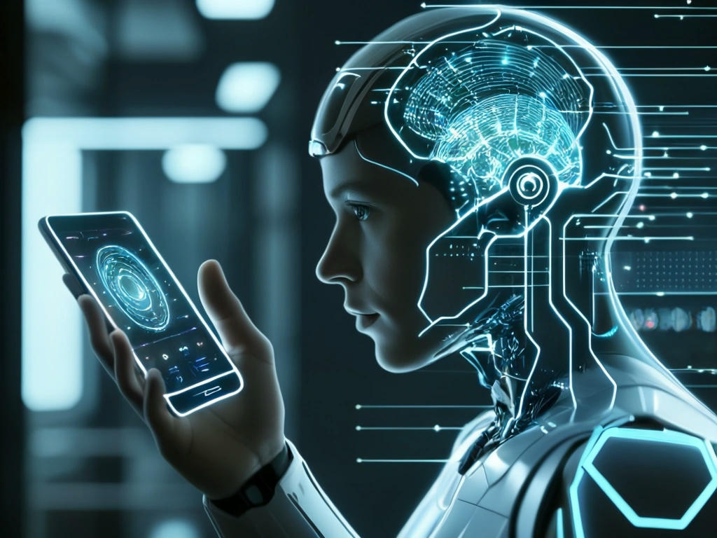 futuristic scene of a person using a Neuralink device, holographic interface, advanced technology