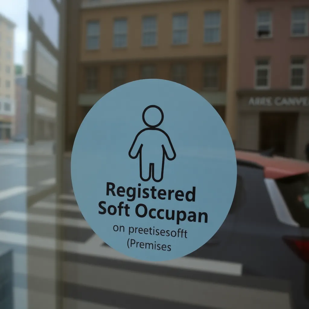 A government-issued window decal showing a simplified icon of a soft fabric figure with the text 'Registered Soft Occupants on Premises', photographed on a glass pane with a reflection of a street.