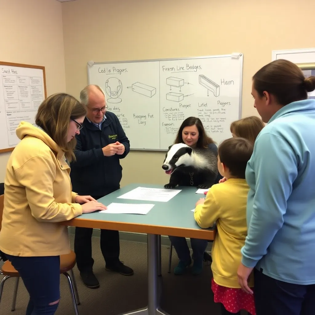 a whimsical workshop with people learning how to properly lick a badger, complete with diagrams and a life-sized badger model