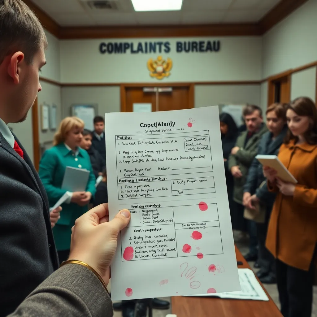 Complaint office queue where people tried to write petitions and accidentally signed a borscht recipe