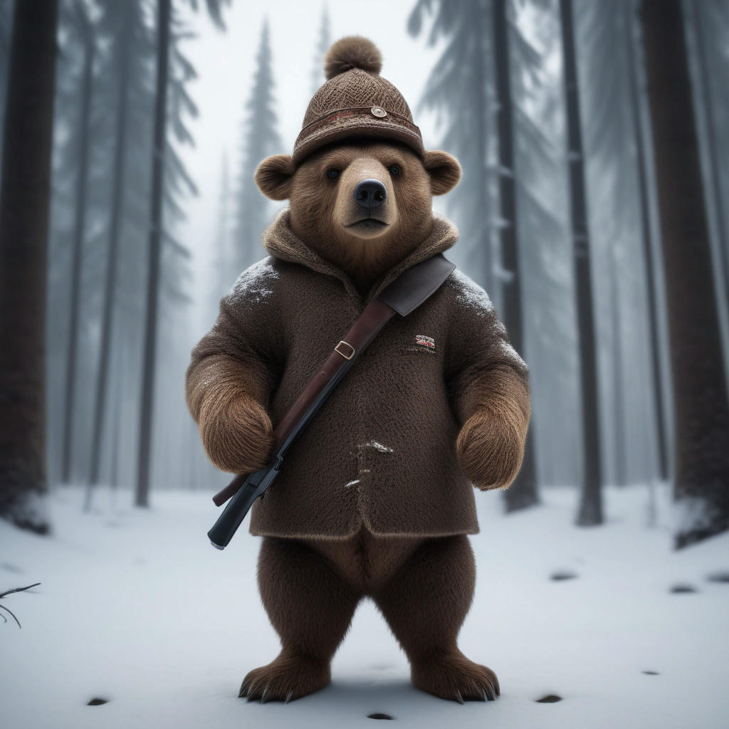 A brown bear, dressed in a miniature ushanka hat and carrying a tiny AK-47, standing on its hind legs, looking directly at the camera, snow-covered forest in the background, cinematic lighting, hyper-realistic, 4K resolution, trending on CGSociety