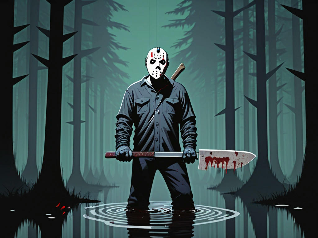 Jason Voorhees with a machete-shaped cursor, slicing through floating JSON key-value pairs in a dark digital forest