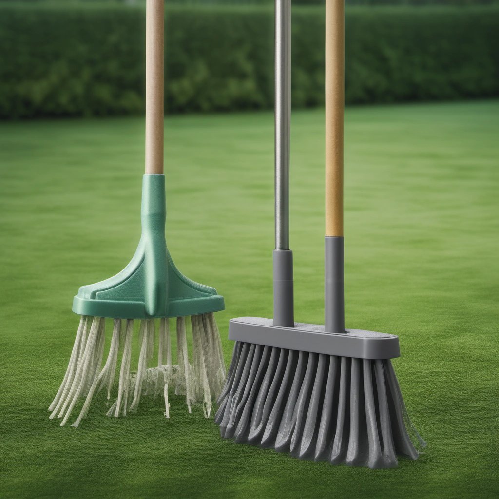 Garden rake and mop standing side by side