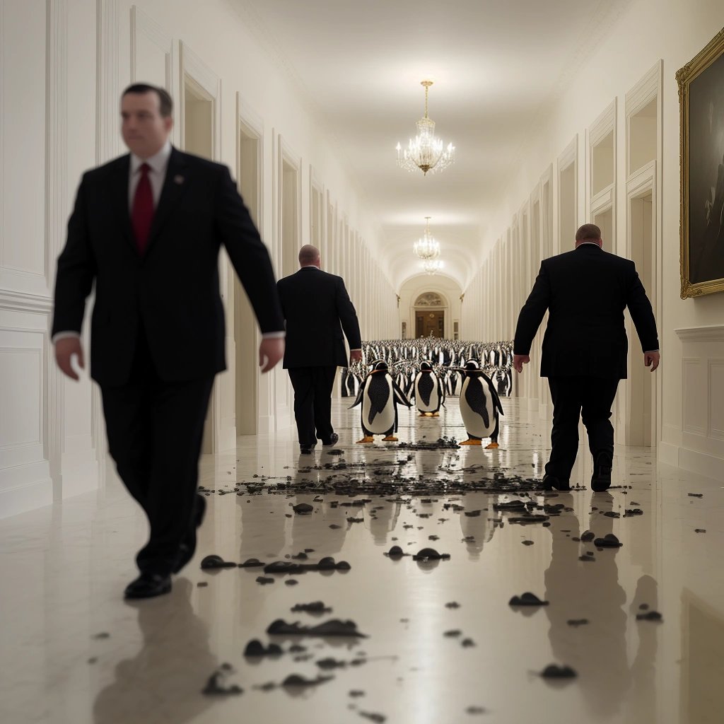 Penguins marching through the White House hallways