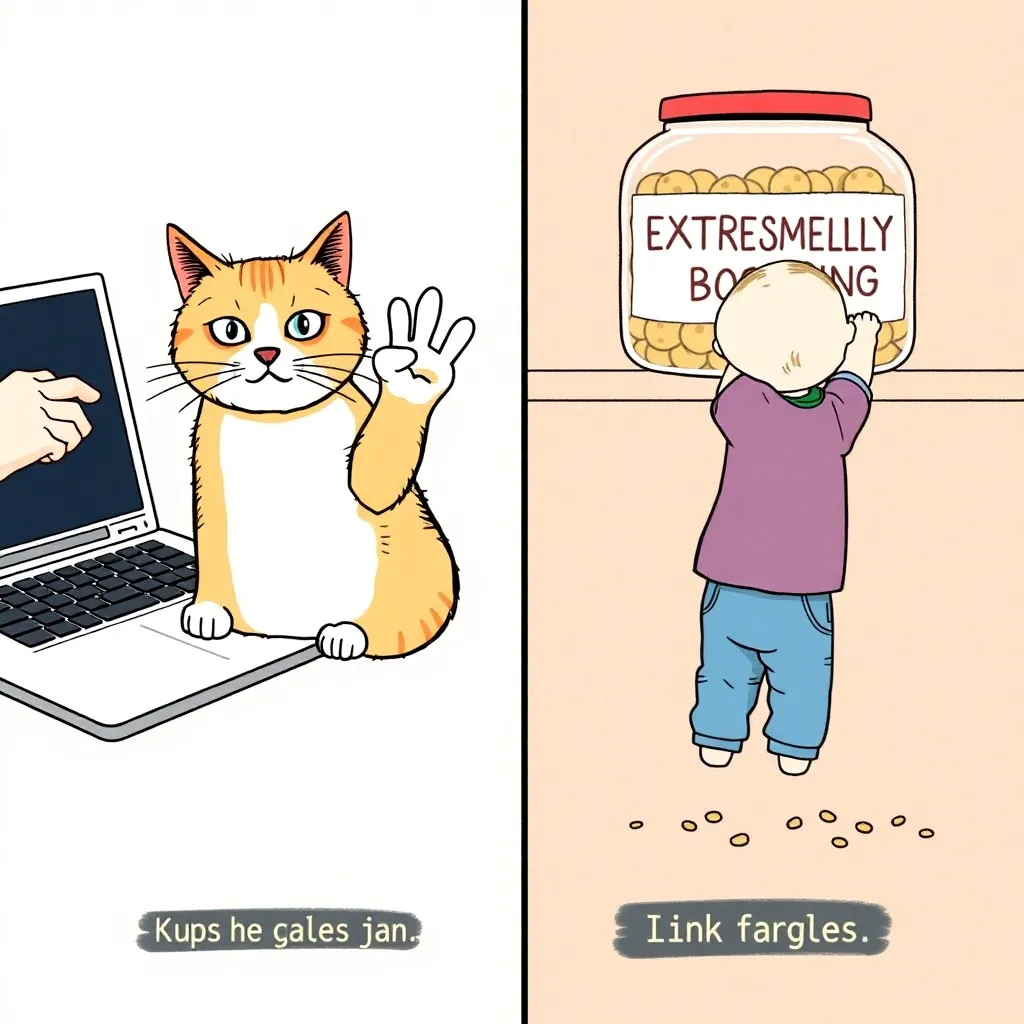 Cat on laptop / toddler cookie jar split gag