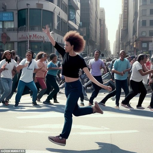 Pedestrians dancing in a traffic-filled intersection