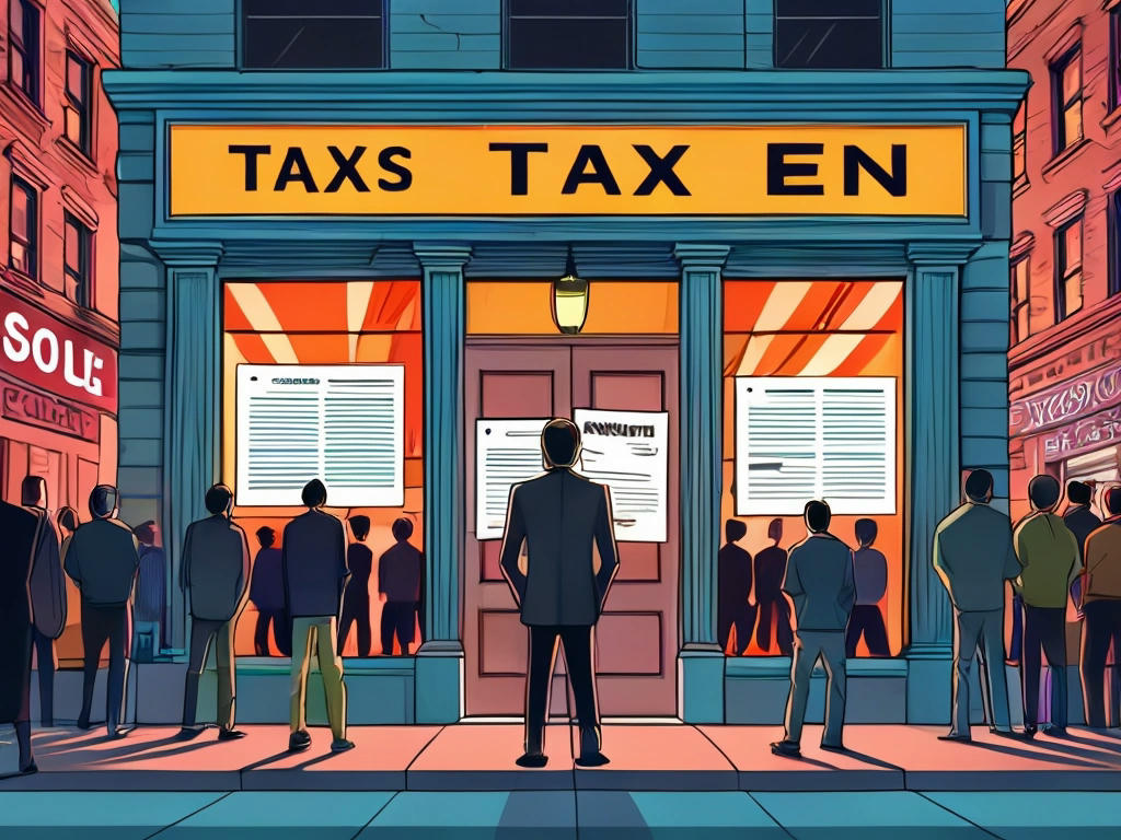 A dramatic illustration of a person standing in front of a closed business, with a giant tax bill on the door, a crowd of people protesting in the background, vibrant colors, detailed