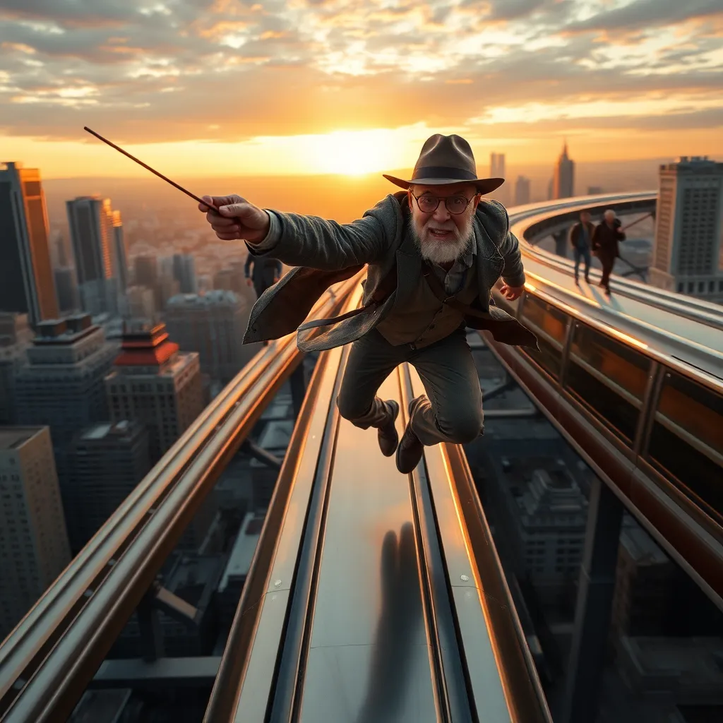 high-speed action scene of an elderly fedora-wearing archaeologist leaping between sleek monorail cars above a city, bullwhip snapping, silver-haired rivals in pursuit, one medic chasing with concern, humorous cinematic adventure style, sunset reflections on chrome