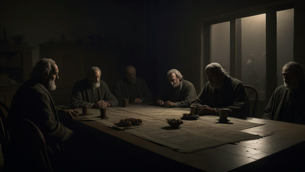 A shadowy figure slipping out of a dimly lit room, the other apostles seated at the table, a mix of confusion and fear on their faces, night outside the window, hyper-realistic, intricate details, dramatic lighting