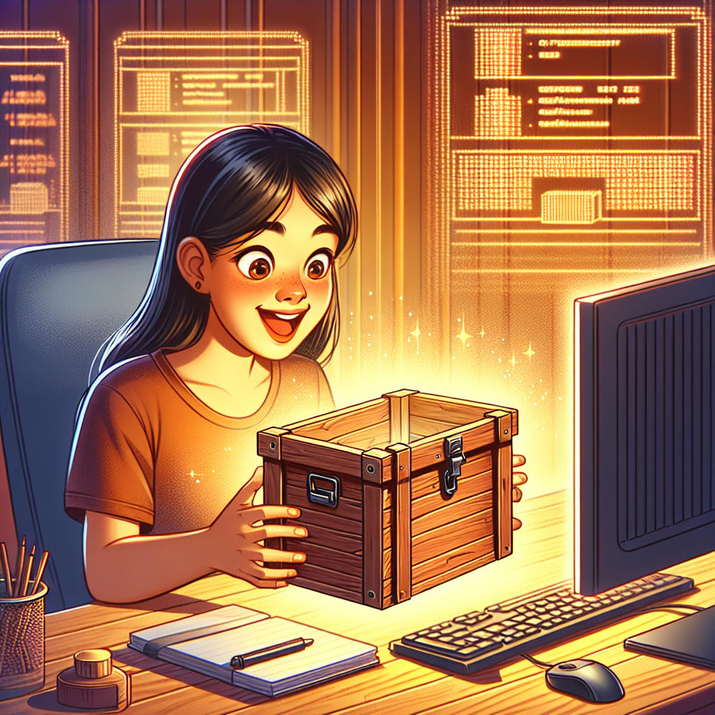 A programmer discovering a valuable crate in a repository, with a look of awe and joy, digital art, warm and inviting lighting