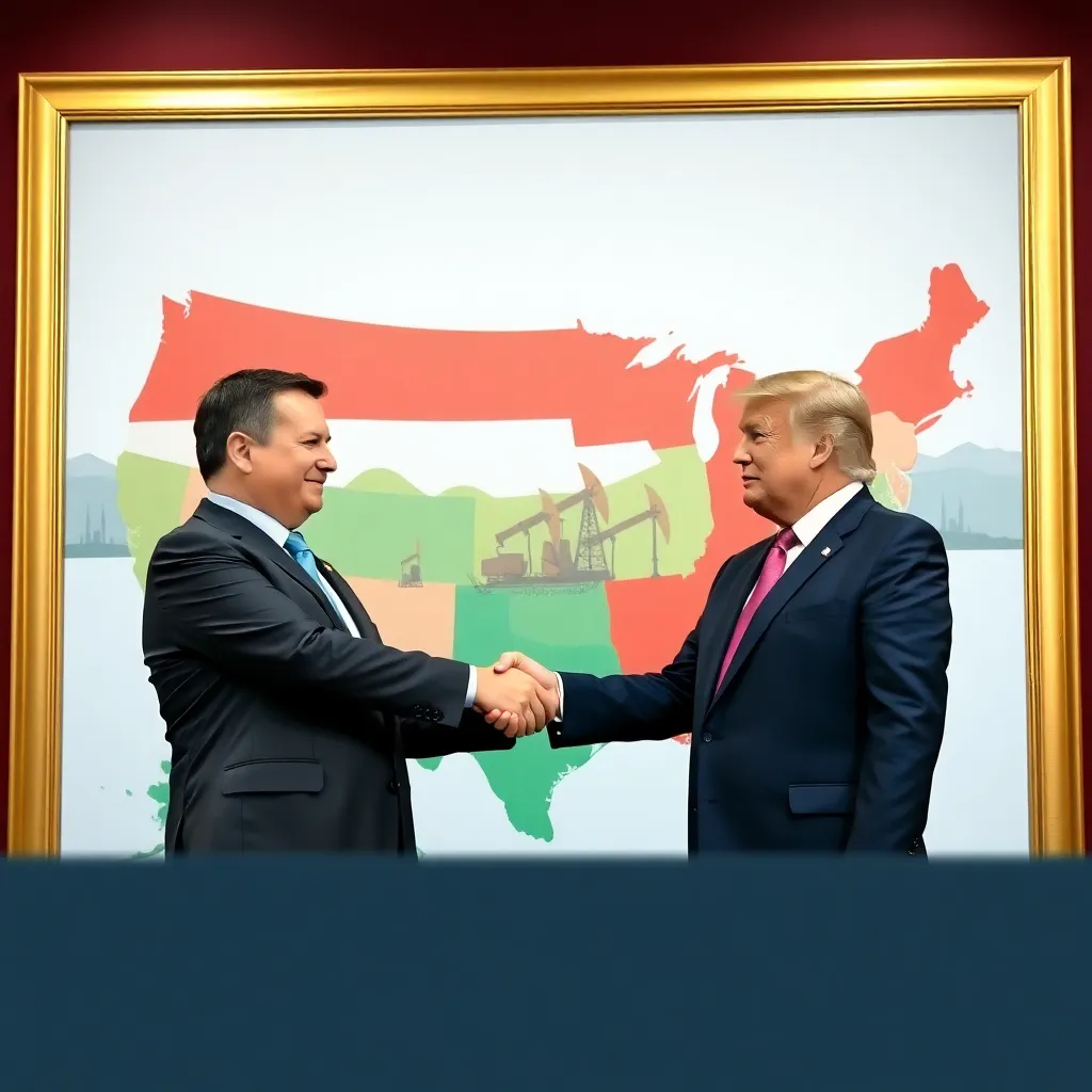 Viktor Orbán and Donald Trump shaking hands in front of a giant map of a unified, prosperous Hungary and America, oil wells pumping in the background, gold frames