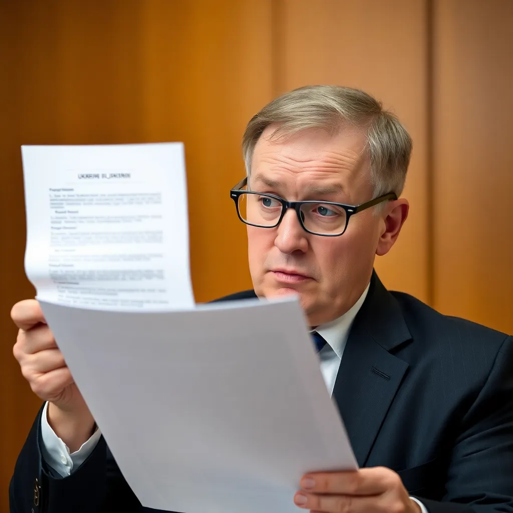 Ukrainian official reading a document from bottom to top, wearing glasses backward, confused expression