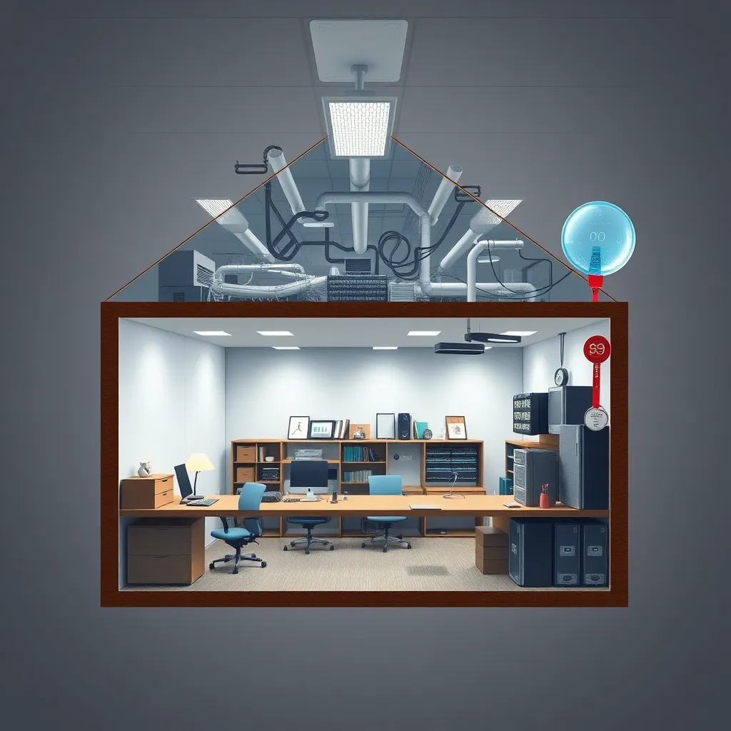 cross section of an absurd corporate office showing conference room, audio lab, ceiling cavity, server racks, vibrating water pitcher, swinging badge reel, chain reaction style diagram brought to life, highly detailed realistic office architecture with comedic cause-and-effect energy