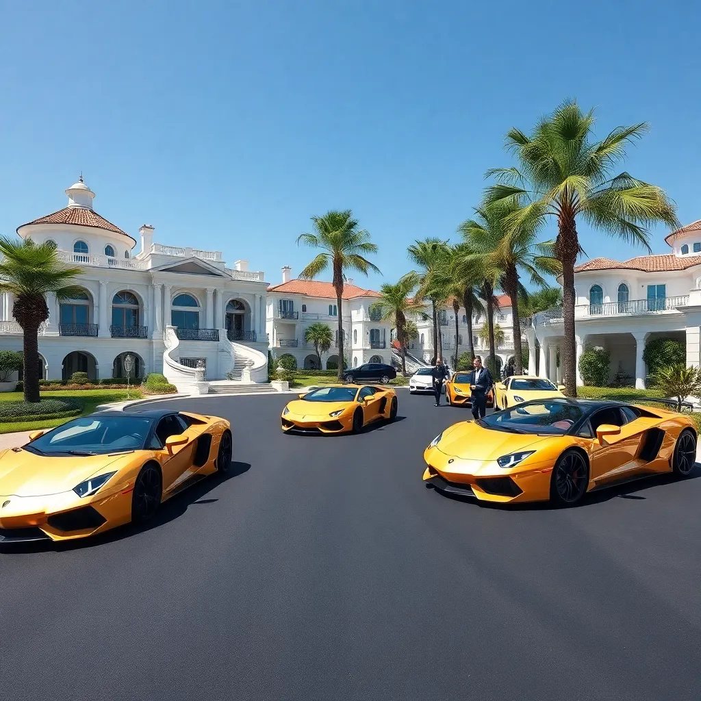 Luxury village on the Black Sea coast, massive white marble mansions, gold-plated supercars on perfect black asphalt, palm trees, wealthy people in designer clothes, sunny bright day