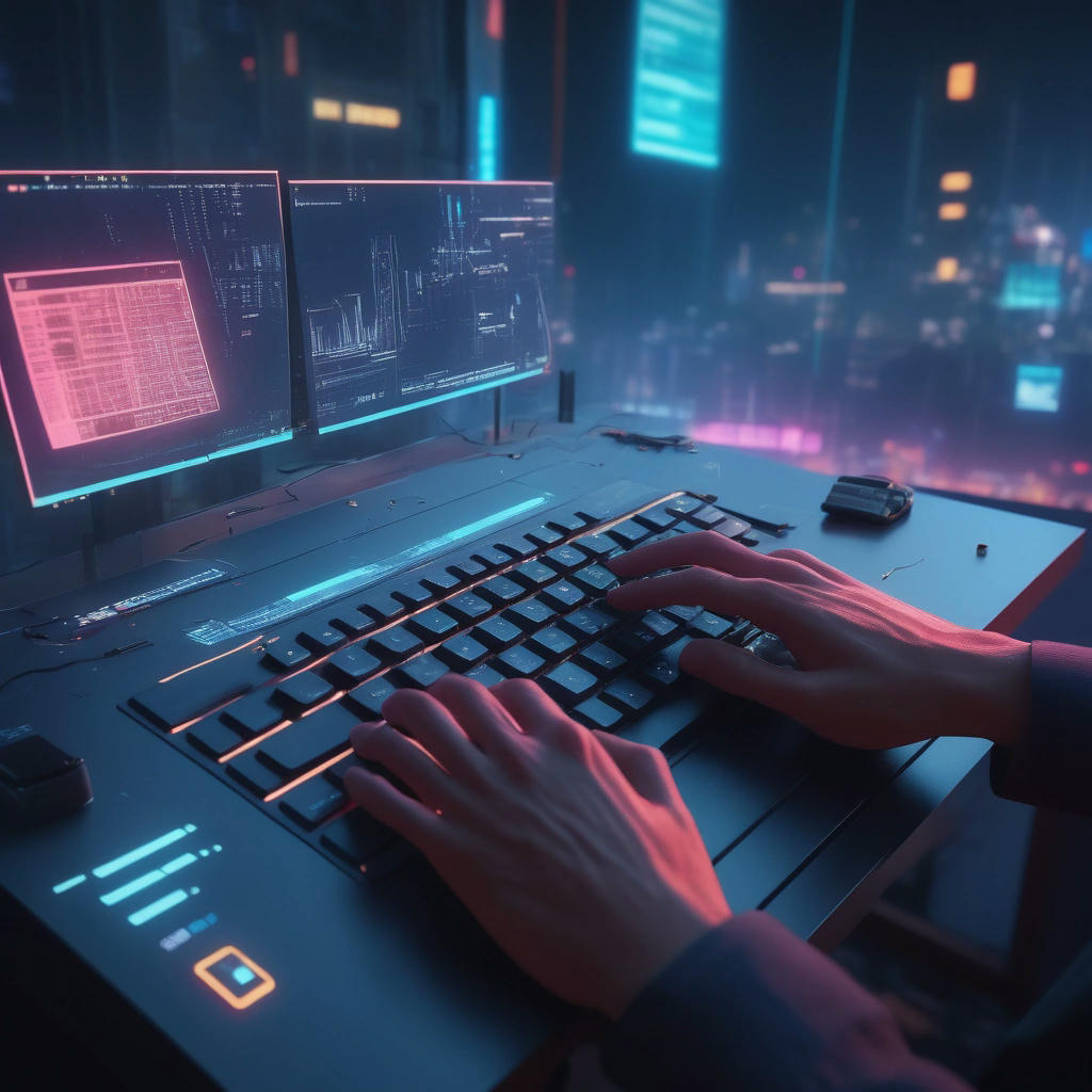 A close-up of a developer's hands typing on a keyboard, with a prompt engineering interface on the screen, code snippets and diagrams scattered around, a futuristic cityscape in the background, neon lights, high-tech atmosphere, 4k, hyper-realistic, concept art by Simon Stalenhag