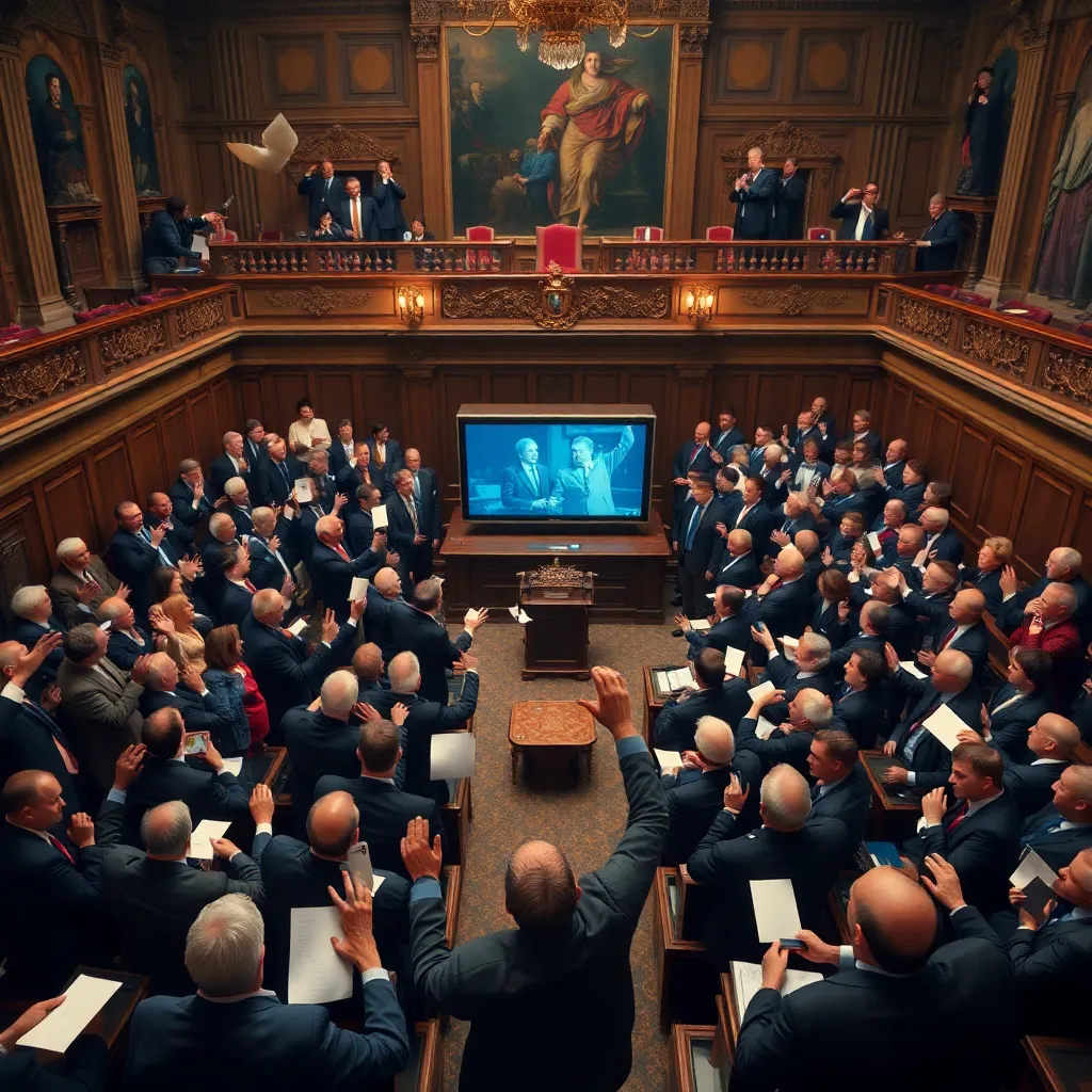 crowded parliament chamber in uproar over a television interruption, politicians waving papers, dramatic gestures, ornate benches, absurd seriousness, cinematic lighting, richly detailed political chaos